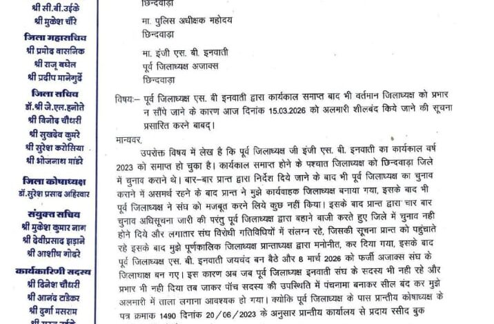 कार्यकाल समाप्त ,होने के बाद भी नवनिर्वाचित जिलाध्यक्ष को चार्ज न सौंपे जाने का लगाया आरोप